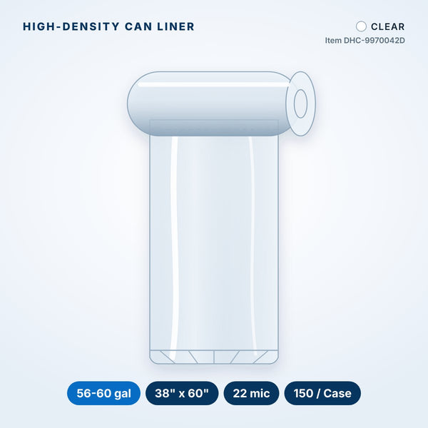 High-Density Can Liners, 56-60 gal, 22 mic, 38" x 60", Clear, 150/Case