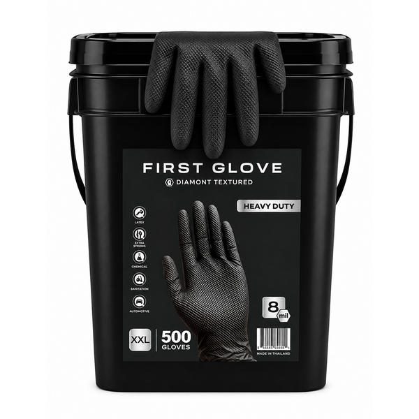 Black Nitrile Bucket of Gloves, 8 Mil Heavy-Duty Industrial Disposable – Diamond Grip Texture, Powder-Free | First Glove